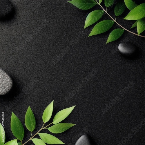 a black rock background with a green leafy plant on it's side, zen concept, ai generated