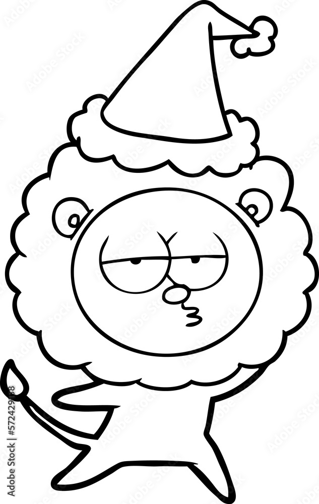 line drawing of a bored lion wearing santa hat