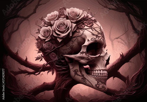 Skull and roses vector illustration. Dark fantasy.