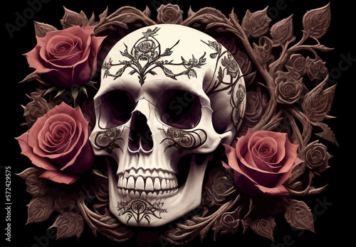 Skull and roses vector illustration. Dark fantasy.