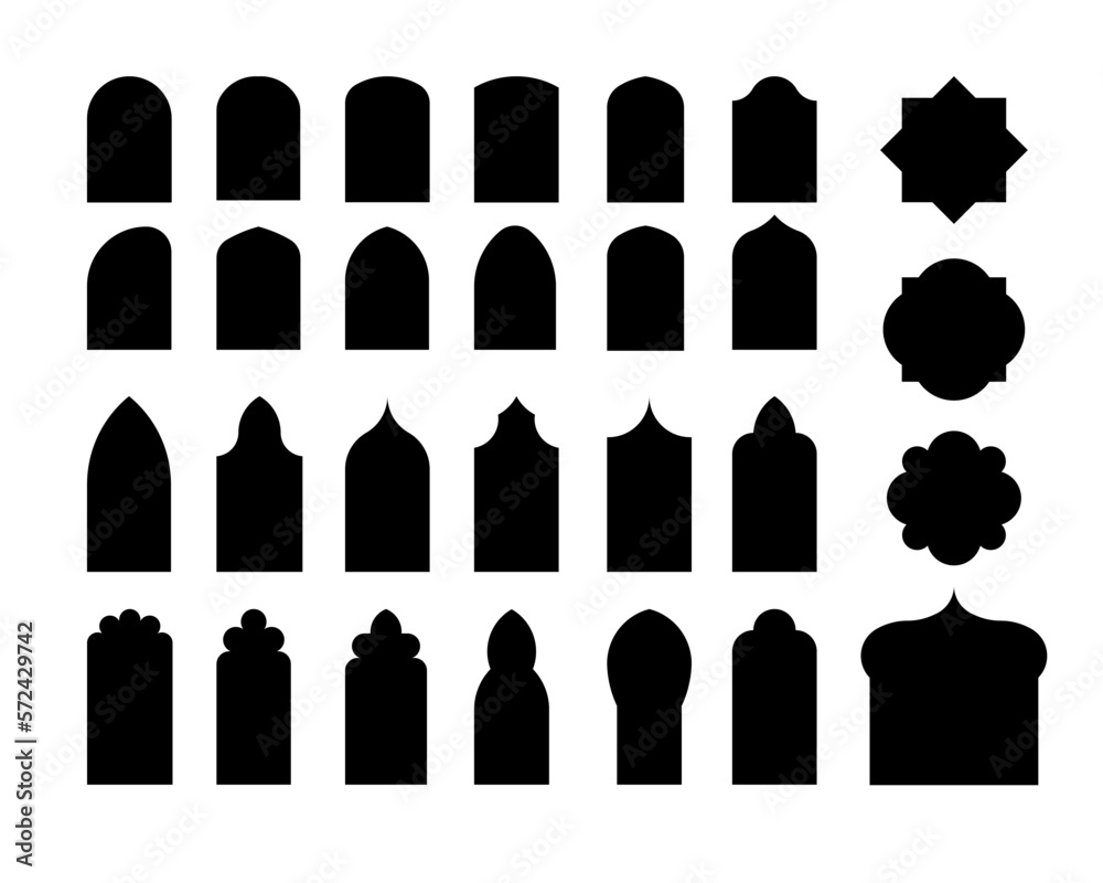 Fototapeta premium Set arabic arch window and doors. Traditional design and culture vector shape. Ramadan kareem silhouette icon PNG