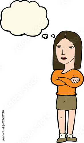 cartoon woman with folded arms with thought bubble