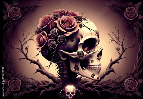 Skull and roses vector illustration. Dark fantasy.