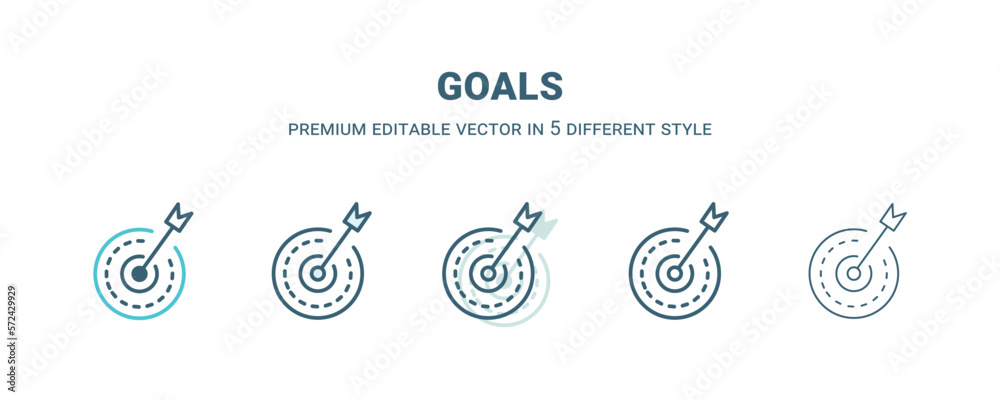 goals icon in 5 different style. Outline, filled, two color, thin goals icon isolated on white background. Editable vector can be used web and mobile