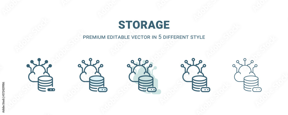 storage icon in 5 different style. Outline, filled, two color, thin storage icon isolated on white background. Editable vector can be used web and mobile