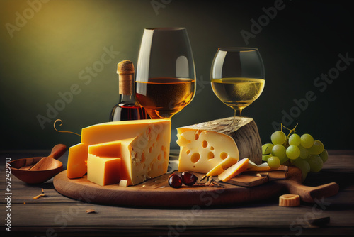 Various cheese on board and white wine. Generative AI.3