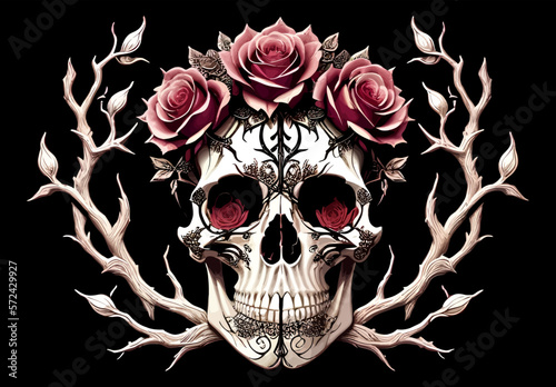 Skull and roses vector illustration. Dark fantasy.