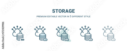 storage icon in 5 different style. Outline, filled, two color, thin storage icon isolated on white background. Editable vector can be used web and mobile