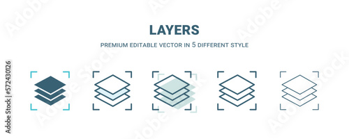 layers icon in 5 different style. Outline, filled, two color, thin layers icon isolated on white background. Editable vector can be used web and mobile