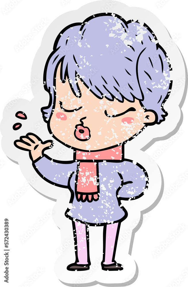 distressed sticker of a cartoon woman with eyes shut distressed sticker of a cartoon woman with eyes shut