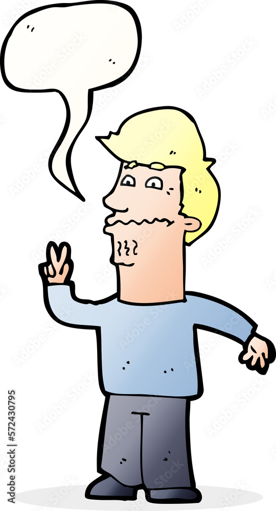 cartoon man giving peace sign with speech bubble