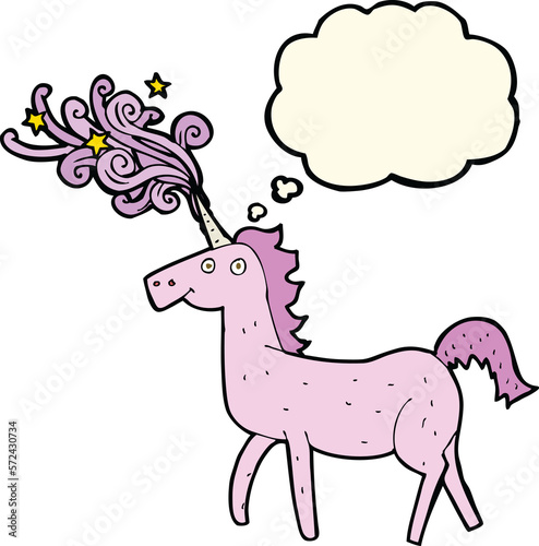 cartoon magical unicorn with thought bubble