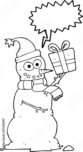 speech bubble cartoon snowman holding present