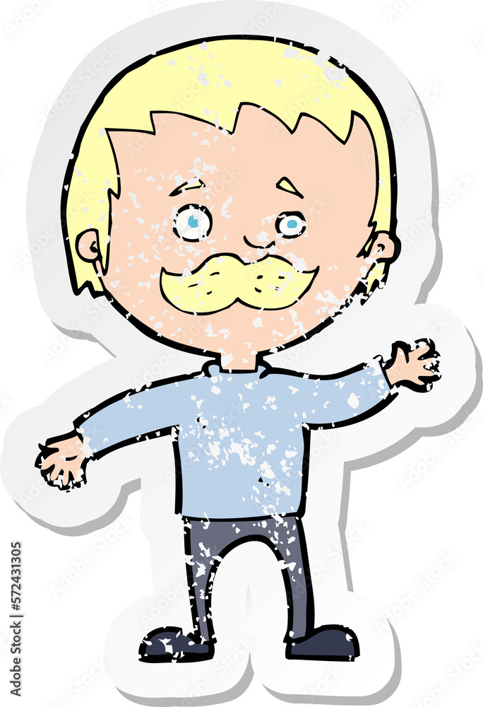 retro distressed sticker of a cartoon man with mustache waving