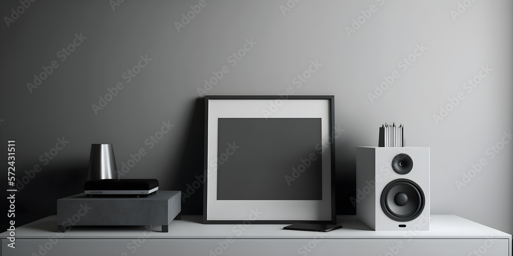 Minimalist media console with sleek design and built-in speakers Charcoal grey, black colored frame. generative ai Minimalist media console with sleek design and built-in speakers Charcoal grey, black colored frame. generative ai