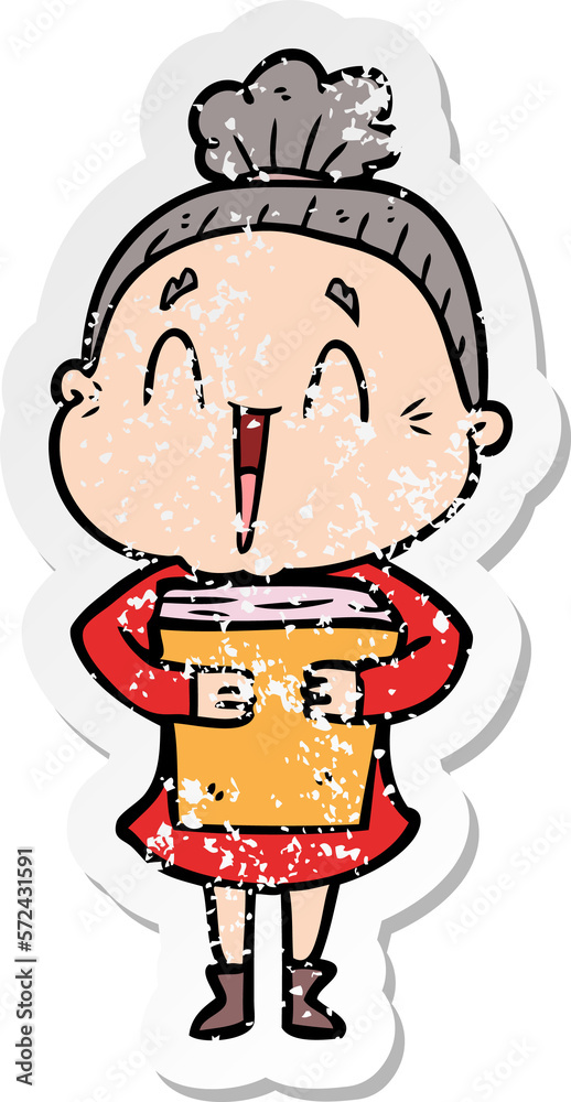 distressed sticker of a cartoon happy old lady distressed sticker of a cartoon happy old lady