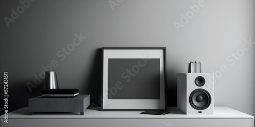 Minimalist media console with sleek design and built-in speakers Charcoal grey, black colored frame. generative ai
