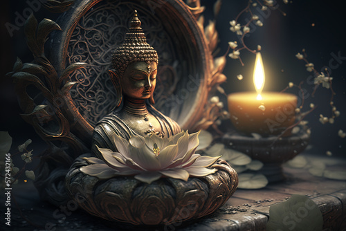 buddha statue and lotus flower. Generative AI
