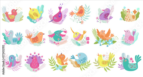 Collection of cute colorful birds sitting on tree branches cartoon vector Illustration