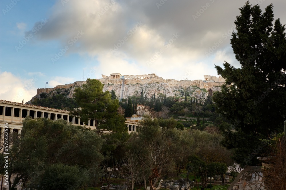 Ruins of Ancient Agora with Acropolis in background during sunset in winter, Athens, Greek, Europe