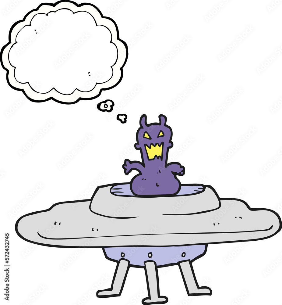 Obraz premium thought bubble cartoon alien in flying saucer