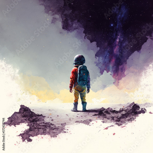 A watercolor style imagining of a child astronaut preparing to leave created with Generative AI technology