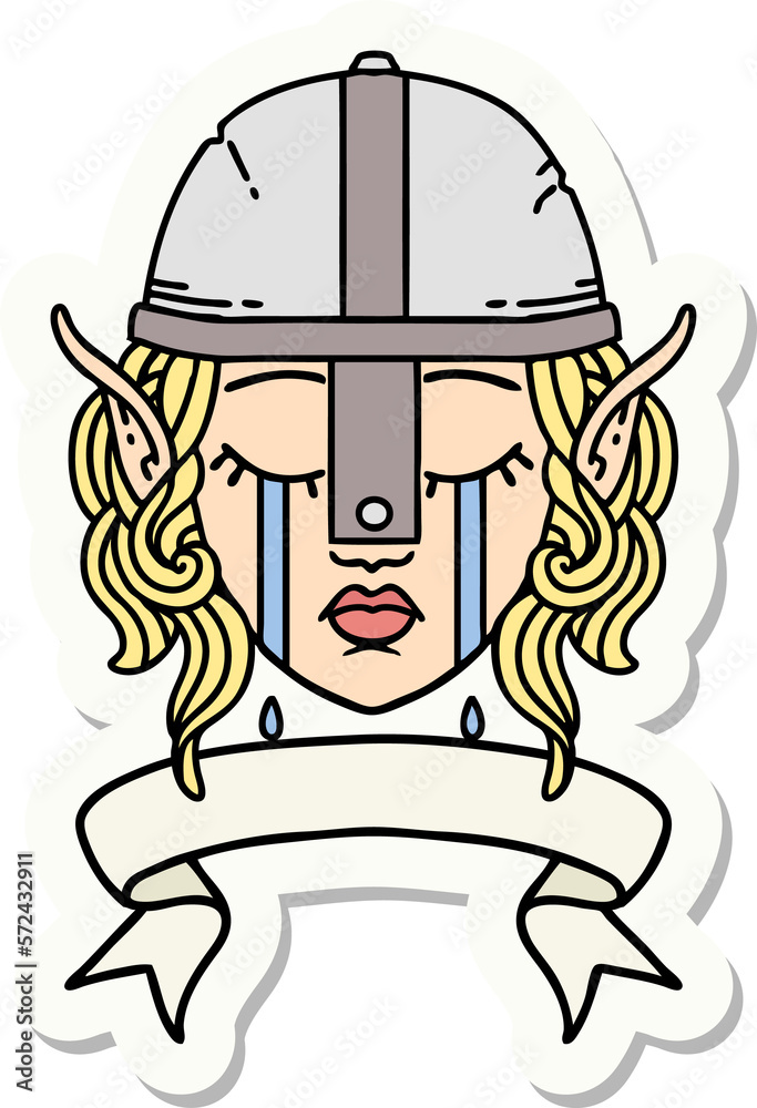 crying elf fighter character face with banner sticker