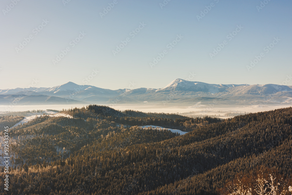 Fototapeta premium Winter landscape of snowy mountains with winter forest. Winter landscape