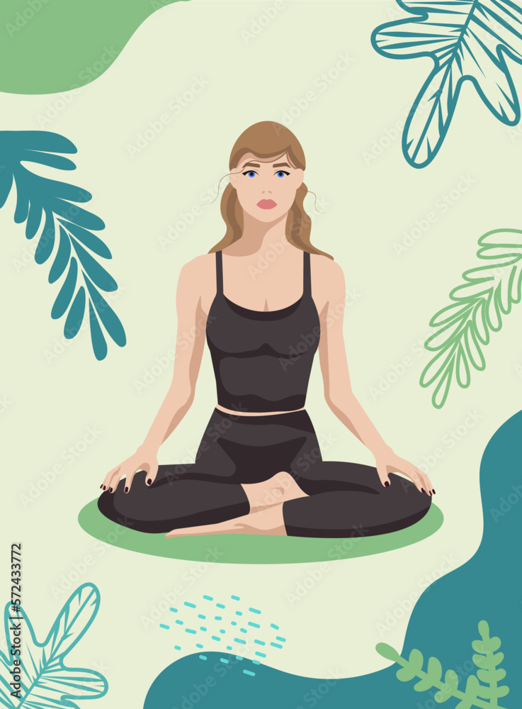 Young woman doing yoga in the lotus pose with leafs Young woman doing yoga in the lotus pose with leafs
