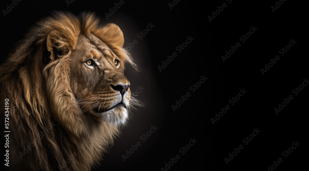 Fototapeta premium portrait of a lion, photo studio set up with key light, isolated with black background and copy space - generative ai