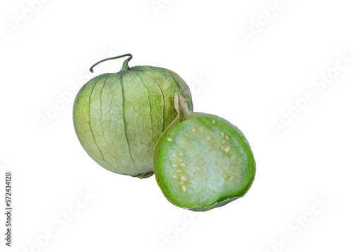 physalis philadelphica. Tomatillo or Mexican husk tomato. Fresh organic green tomatillos (Physalis philadelphica) with a husk. One whole isolated on white and one half of it photo