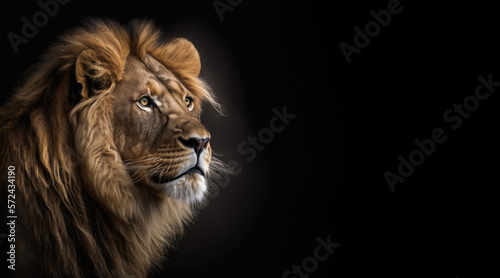 portrait of a lion  photo studio set up with key light  isolated with black background and copy space - generative ai