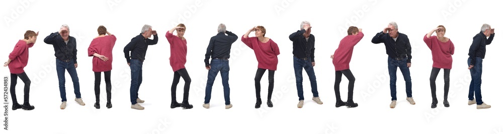Fototapeta premium large group of woman and man with hand on forehead looking away on white background