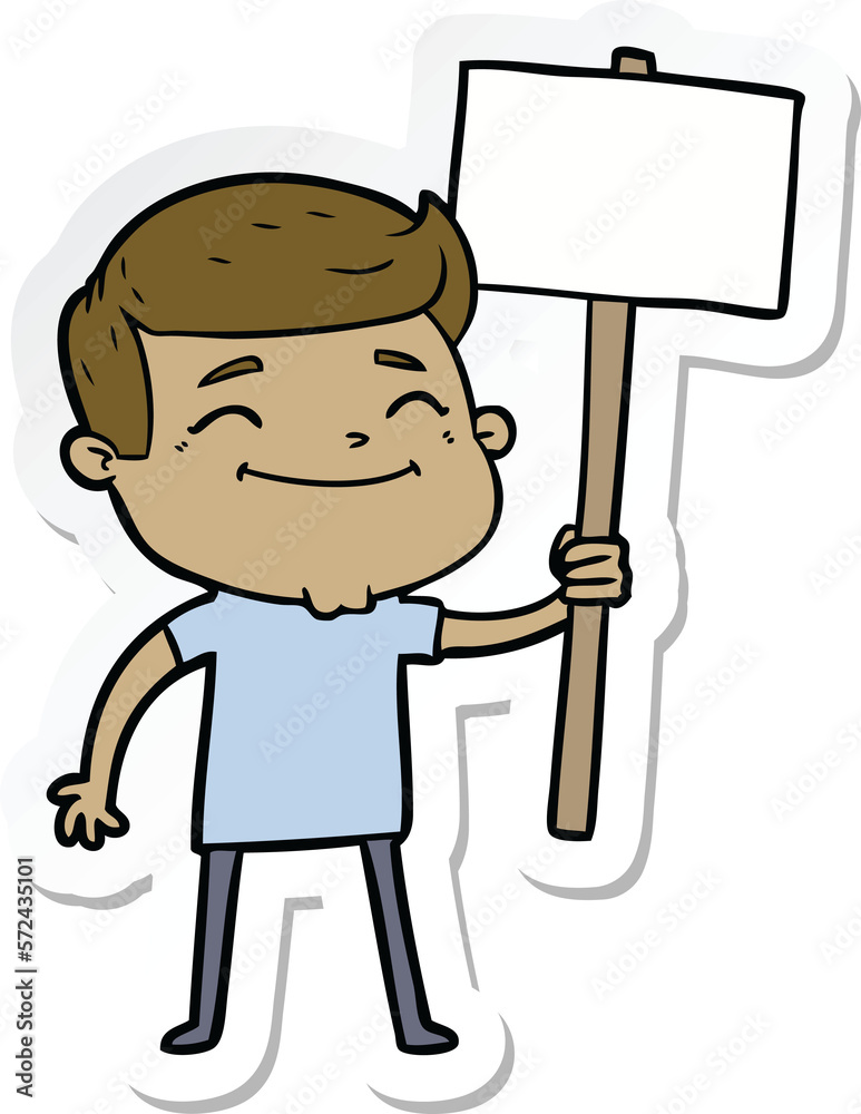 sticker of a happy cartoon man with placard sticker of a happy cartoon man with placard
