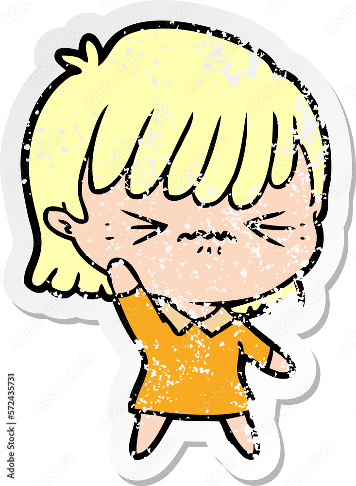distressed sticker of a annoyed cartoon girl distressed sticker of a annoyed cartoon girl