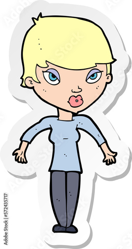 sticker of a cartoon woman shrugging shoulders
