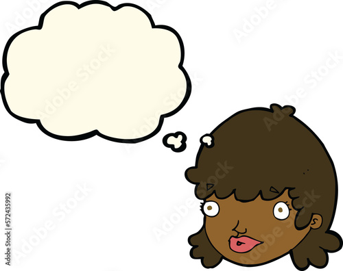 cartoon female face with surprised expression with thought bubble