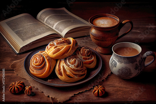 Sweet cinnamon buns, coffee with milk and a book, traditional swedish kanelbullar buns. Generative AI.4