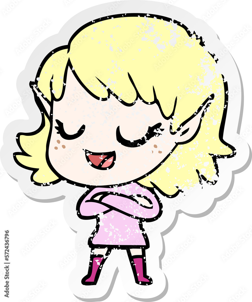 distressed sticker of a happy cartoon elf girl distressed sticker of a happy cartoon elf girl