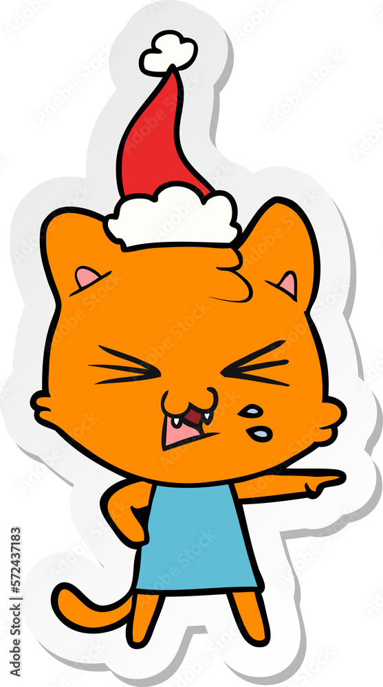 sticker cartoon of a hissing cat wearing santa hat sticker cartoon of a hissing cat wearing santa hat
