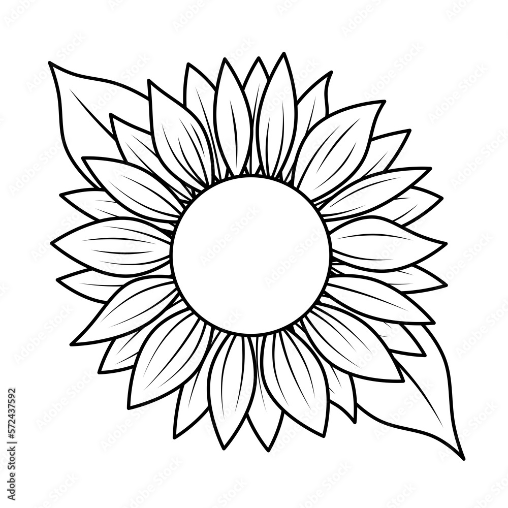 Round frame with a flower. Painted sunflower. Petals and leaves. Bloom.