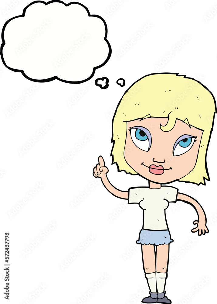 cartoon woman with idea with thought bubble cartoon woman with idea with thought bubble