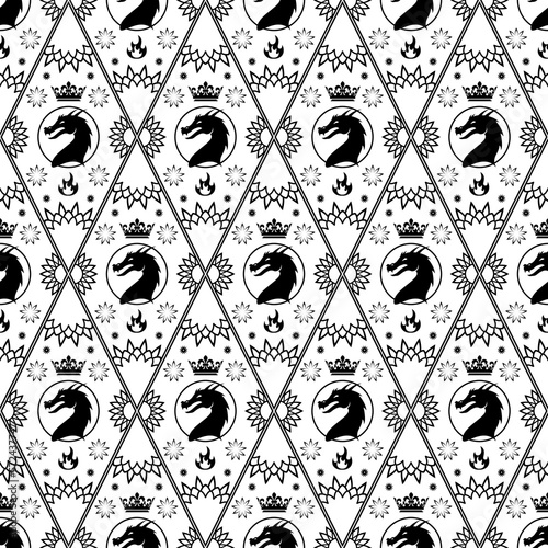 Quadro su tela Black and white seamless pattern made up of dragons and wyverns