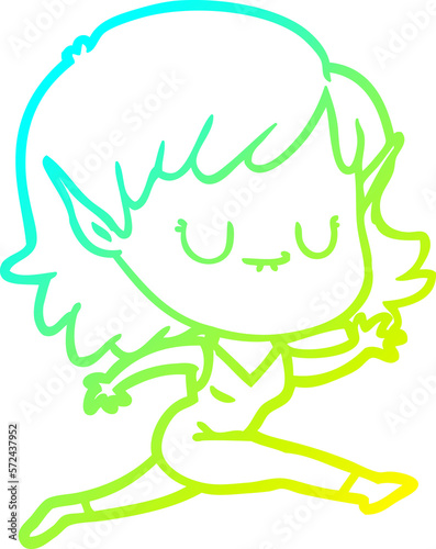 cold gradient line drawing happy cartoon elf girl running