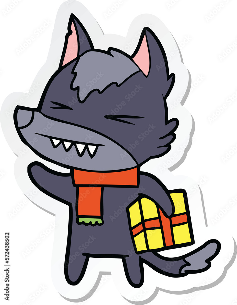 sticker of a angry christmas wolf cartoon sticker of a angry christmas wolf cartoon