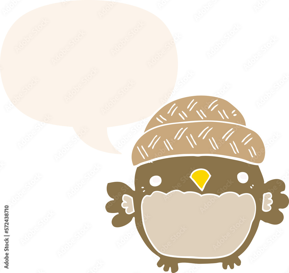 cute cartoon owl in hat and speech bubble in retro style