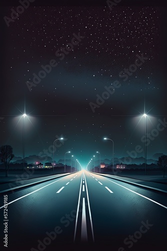 illustration, lonely street illuminated by street lamps ,generative ai