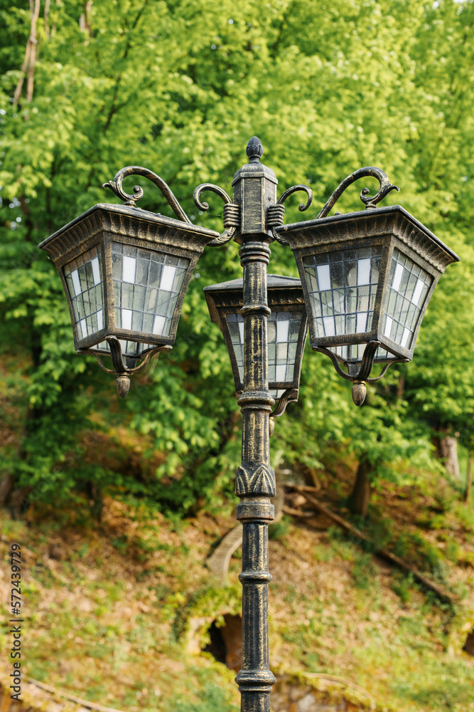 A metal street lamp on a grassy yard. A metal street lamp on a grassy yard.