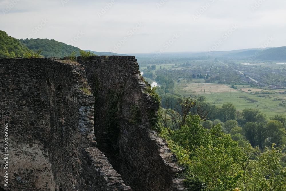 The ruins of the walls of the old castle on the background of the forest and the sky
