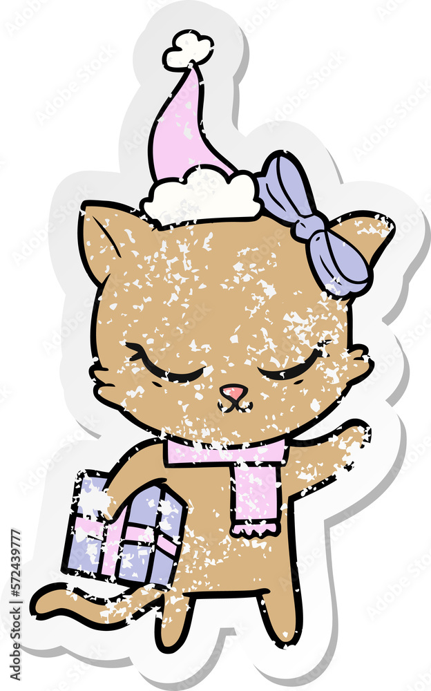 cute distressed sticker cartoon of a cat with present wearing santa hat cute distressed sticker cartoon of a cat with present wearing santa hat